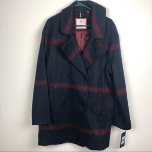 NWT Tommy Hilfiger Navy and Red Striped Oversized Winter Pea Coat Size Large
